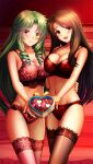 2girls :d arm_around_waist blush box bra breasts brown_hair brown_thighhighs cleavage closed_mouth collarbone cowboy_shot doukyuusei doukyuusei_another_world drill_hair floating_hair game_cg green_hair hair_intakes hand_on_another&#039;s_hip heart-shaped_box indoors large_breasts long_hair looking_at_viewer masaki_natsuko multiple_girls navel open_mouth panties pink_bra pink_panties pink_thighhighs red_bra red_panties ribbon sakuma_chiharu smile standing straight_hair strap_gap thighhighs underwear underwear_only very_long_hair yellow_eyes yellow_ribbon 