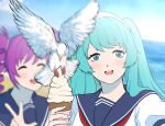  2girls bird blue_hair closed_eyes drill_hair food food_theft highres ice_cream kokona_haruka_(yandere_simulator) light_blue_hair long_hair looking_at_viewer multiple_girls open_mouth purple_hair saki_miyu school_uniform seagull selfie smile twin_drills twintails yandere_simulator 