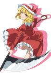 1girl blonde_hair bow curly_hair dress elly_(touhou) frilled_dress frills gyouza_(mhea5724) hat hat_bow highres holding holding_scythe juliet_sleeves long_sleeves puffy_sleeves red_bow red_dress scythe short_hair simple_background solo touhou touhou_(pc-98) white_background white_headwear yellow_eyes 