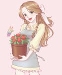  1girl :d apron bow brown_hair flower_pot hair_bow highres looking_at_viewer mario_(series) paper_mario pink_background pink_nails shirt smile solo soma_(zaaaaahaaaaaz) standing super_paper_mario tippi_(paper_mario) white_bow yellow_shirt 