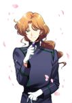  1boy absurdres bishoujo_senshi_sailor_moon blue_jacket cherry_blossoms falling_petals gloves green_eyes hair_tie highres holding_crystal jacket long_sleeves low_ponytail male_focus military military_uniform orange_hair parted_bangs parted_lips petals sidelocks smile solo teeth tomaty. uniform upper_body wavy_hair white_background white_gloves zoisite_(sailor_moon) 