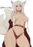  1girl animal_ears breasts cowboy_shot facepaint fox_ears fox_tail highres holy_meh japanese_clothes large_breasts long_hair looking_at_viewer multiple_tails navel original panties red_eyes simple_background solo tail thighs underwear white_background 