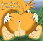  2_tails 4_toes alternate_version_at_source anthro anus balls barefoot begging begging_for_sex big_butt blue_eyes butt butt_grab canid canine feet fox foxkai fur genitals grabbing_own_butt hand_on_butt hi_res looking_back male mammal miles_prower multi_tail orange_body orange_fur sega solo sonic_the_hedgehog_(series) spread_butt spreading tail toes 