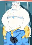  2023 8931da_con anthro belly big_belly black_nose blush bulge canid canine canis clothing domestic_dog hi_res humanoid_hands kemono lifewonders live_a_hero locker_room male mammal moobs navel nipples overweight overweight_male solo undressing white_body yohack 