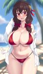  1girl absurdres beach bikini blush breasts brown_hair drogo_doggo hair_ribbon highres kono_subarashii_sekai_ni_shukufuku_wo! large_breasts palm_tree red_eyes ribbon shirt swimsuit thick_thighs thighs tree white_shirt yunyun_(konosuba) 