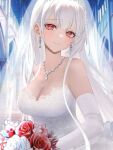  1girl absurdres azur_lane blush bouquet breasts bridal_veil bride church cleavage commentary_request commission cross-shaped_pupils dress earrings elbow_gloves flower gloves goriegorigori highres jewelry long_hair medium_breasts necklace red_eyes red_flower scylla_(azur_lane) skeb_commission smile solo symbol-shaped_pupils tears twitter_username veil wedding_dress white_dress white_flower white_gloves white_hair 