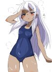  1girl antenna_hair ass_visible_through_thighs blue_eyes blush breasts chibiharin dark_skin highres hip_focus long_hair navel nyanko_daisensou school_swimsuit shoulder_blush small_breasts steam steaming_body sweat swimsuit ururun_wolf_(nyanko_daisensou) white_hair 