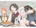  2boys 2girls :d ^_^ ahoge apron aqua_eyes baking baking_sheet black_apron black_hair black_necktie black_shirt blue_apron blush closed_eyes closed_mouth collared_shirt command_spell constantine_xi_(fate) creature cupcake earrings eating fate/grand_order fate_(series) food fou_(fate) fruit fujimaru_ritsuka_(female) fujimaru_ritsuka_(male) glasses grey_eyes hair_behind_ear hair_between_eyes hair_ornament hairclip hanging_light head_scarf highres holding holding_food jewelry kitada kitchen light_purple_hair looking_at_another looking_at_food mash_kyrielight medium_hair muffin multiple_boys multiple_girls necktie open_mouth oven_mitts parted_bangs pastry_bag pink_apron purple_eyes red_vest shirt short_hair short_sleeves sleeves_past_elbows smile sparkle steam strawberry sweatdrop swept_bangs table upper_body vest whipped_cream white_shirt yellow_apron 