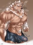  abs anthro bodily_fluids bottomwear brown_body brown_fur canid canine canis clothed clothing erection erection_under_clothing fur genital_fluids genitals hi_res lifewonders male mammal marchosias_(tas) muscular muscular_anthro muscular_male nipples pecs penis precum precum_through_clothing shorts solo spandex spandex_shorts tight_clothing tokyo_afterschool_summoners tusks wet wet_clothing wolf zenon0917 