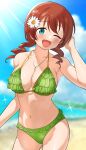  1girl absurdres armpits beach bikini blue_eyes blue_sky blurry blurry_background blush breasts brown_hair cloud collarbone commentary_request day drill_hair emma_verde flower freckles frilled_bikini frills green_bikini hair_between_eyes hair_flower hair_ornament hand_up highres jewelry koaraya large_breasts looking_at_viewer love_live! love_live!_nijigasaki_high_school_idol_club medium_hair navel necklace ocean one_eye_closed open_mouth outdoors sidelocks sky smile solo sparkle stomach sunlight swimsuit thighs 