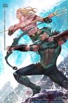  2boys aquaman_(dc) artist_name beard blonde_hair bow_(weapon) character_name copyright_name dc_comics domino_mask english_text facial_hair green_arrow green_pants highres holding holding_weapon hood in-hyuk_lee logo long_hair mask multiple_boys oliver_queen outdoors pants polearm quiver signature topless trident vambraces water watermark weapon web_address 