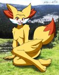  anthro breasts claws fangs featureless_breasts featureless_crotch female fennekin forest fur generation_6_pokemon grass hi_res looking_at_viewer nikku_lunatique nintendo nude open_mouth orange_body orange_eyes orange_fur plant pokemon pokemon_(species) raised_tail river solo tail teeth tree white_body white_fur yellow_body yellow_fur 
