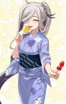  1girl absurdres ahoge asashimo_(kancolle) asashimo_kai_ni_(kancolle) blush candy closed_eyes collarbone fingernails food grey_hair highres holding holding_candy holding_food japanese_clothes kanmiya_shinobu kantai_collection kimono long_hair long_sleeves obi open_mouth purple_kimono sash sharp_teeth smile solo teeth wide_sleeves 