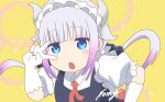  1girl absurdres black_dress blue_eyes blunt_bangs blush cosplay dragon_horns dress elbow_gloves gloves gradient_hair grey_hair hair_bobbles hair_ornament highres horns kanna_kamui kobayashi-san_chi_no_maidragon maid_headdress multicolored_hair no_nose open_mouth puffy_short_sleeves puffy_sleeves red_ribbon ribbon shirt short_sleeves simple_background solo sparkle tohru_(maidragon) tohru_(maidragon)_(cosplay) twintails v white_gloves white_shirt yellow_background yu_hei_manga 