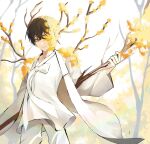  1boy black_hair branch closed_mouth coat e.g.o_(project_moon) flower flower_over_eye hair_flower hair_ornament hi_i_dubu highres holding holding_branch jacket korean_clothes limbus_company long_sleeves looking_at_viewer pants project_moon ribbon solo white_background white_coat white_jacket white_pants white_ribbon yellow_flower yi-sang_(limbus_company) 