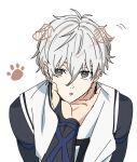  1boy :o animal_ears aotsuki_ren blue_lock brown_eyes commentary_request dog_ears fake_animal_ears grey_hair hair_between_eyes hand_on_another&#039;s_face long_sleeves looking_at_viewer male_focus nagi_seishirou open_mouth out_of_frame paw_print short_hair simple_background soccer_uniform sportswear white_background 