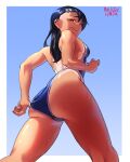  1girl adjusting_clothes adjusting_swimsuit ass asymmetrical_bangs black_hair blue_one-piece_swimsuit breasts brown_eyes commentary_request competition_swimsuit dark-skinned_female dark_skin earclip from_behind from_below highres ijiranaide_nagatoro-san long_hair looking_back mawster_yowda nagatoro_hayase one-piece_swimsuit one-piece_tan sideboob small_breasts solo swimsuit tan tanlines thighs 