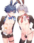  2boys abs absurdres animal_ears black_thighhighs blue_bow blue_bowtie blue_eyes blue_hair bottle bow bowtie bulge cowboy fake_animal_ears grey_hair hair_bow hands_on_own_hips highres holding holding_bottle idolmaster idolmaster_side-m kizaki_ren looking_at_viewer male_focus male_playboy_bunny multiple_boys natsuki_marina navel necktie nipples open_mouth red_bow red_necktie short_hair short_shorts shorts side_ponytail simple_background standing taiga_takeru thighhighs white_background yellow_eyes 