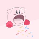  blue_eyes blush_stickers candy commentary_request food jaggy_lines kirby kirby_(series) lokulo_no_mawashimono lowres no_humans pet_bed pink_background product_placement simple_background still_life wrapped_candy 