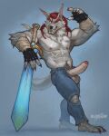  2023 5_fingers abs anthro arm_wraps balls biceps biped bottomwear canid canine canis claws clothing digital_drawing_(artwork) digital_media_(artwork) erection finger_claws fingerless_gloves fingers fur genitals gloves hair handwear hi_res male mammal melee_weapon muscular muscular_anthro muscular_male navel nipples pants phinnherz pubes red_hair simple_background solo sword teeth toe_claws torn_bottomwear torn_clothing torn_pants weapon wolf wraps 