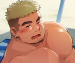 1boy bara beach blonde_hair blush bright_pupils brown_eyes cropped earrings goatee_stubble half-closed_eyes jewelry large_pectorals male_focus mature_male muscular muscular_male nipples nude original paid_reward_available pectorals raised_eyebrow short_hair sideburns solo suv_(suv032) sweatdrop thick_eyebrows undercut upper_body wavy_mouth 