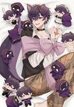  1boy animal_ears barefoot black_shirt character_doll dog_ears dog_tail earrings highres indie_virtual_youtuber jewelry long_sleeves male_focus mmanohei open_mouth pants purple_eyes purple_hair purple_tail shirt short_hair shoto_(vtuber) solo stuffed_toy tail virtual_youtuber 