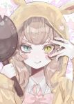  1girl :q animal_hood blue_eyes blush_stickers bow bowtie brown_hair closed_mouth collared_shirt danganronpa_(series) danganronpa_3_(anime) frying_pan green_eyes hands_up heterochromia highres holding holding_frying_pan hood hood_up long_hair naruse_(nal1525) pink_bow pink_bowtie portrait rabbit_hood shirt smile solo star_(symbol) tongue tongue_out umesawa_aiko white_shirt 