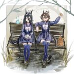  2girls agnes_tachyon_(umamusume) ahoge animal_ears bare_tree bench bento black_hair blue_shirt blue_skirt blue_thighhighs bow bowtie brown_footwear closed_mouth commentary_request cup fire full_body hair_between_eyes hand_up highres holding holding_cup horse_ears horse_girl loafers long_hair manhattan_cafe_(umamusume) multiple_girls open_mouth pleated_skirt pomopomoinu red_eyes shirt shoes skirt teacup thighhighs tree umamusume very_long_hair white_bow white_bowtie yellow_eyes 
