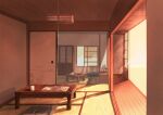 book commentary_request cup cupboard electric_fan highres lamp newspaper no_humans original shouji sliding_doors sunlight table tatami tissue_box tokoame 