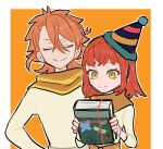  1boy 1girl book brother_and_sister closed_eyes closed_mouth fire_emblem fire_emblem_engage hahm0106 hair_between_eyes hat highres holding holding_book long_sleeves medium_hair orange_hair pandreo_(fire_emblem) panette_(fire_emblem) party_hat short_hair siblings smile yellow_eyes 