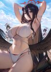  3girls absurdres ahoge angel_wings arm_behind_head arm_up armpits arms_behind_head arms_up bare_shoulders bikini black_bikini black_hair black_wings blue_archive blue_sky blush breasts choker cleavage closed_mouth cloud collarbone criss-cross_halter day feathered_wings feathers food food_in_mouth frilled_bikini frills hair_between_eyes halo halterneck hasumi_(blue_archive) highleg highleg_bikini highres huge_breasts jacket large_breasts layered_bikini long_hair looking_at_viewer low_wings mashiro_(blue_archive) mashiro_(swimsuit)_(blue_archive) mmlyno multiple_girls navel official_alternate_costume outdoors pink_jacket popsicle popsicle_in_mouth red_eyes side-tie_bikini_bottom sitting sky stomach swimsuit thighs tsurugi_(blue_archive) tsurugi_(swimsuit)_(blue_archive) very_long_hair white_bikini wings 