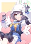  &gt;_&lt; 1girl absurdres animal_ears armband black_gloves blue_archive blue_eyes blue_sailor_collar blue_shirt blue_skirt blush breasts carabiner combat_helmet cover cover_page dot_nose doujin_cover fake_animal_ears feet_out_of_frame gloves hair_between_eyes hands_up heart helmet highres hyakucha knee_pads knees_up legs_together long_sleeves medium_breasts neckerchief open_mouth pleated_skirt purple_hair rabbit_ears raglan_sleeves sailor_collar saki_(blue_archive) school_uniform serafuku shirt sitting skirt sleeve_cuffs solo stuffed_animal stuffed_rabbit stuffed_toy sweatdrop two-tone_skirt v-shaped_eyebrows white_headwear white_skirt yellow_neckerchief 