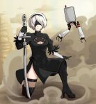  1girl 2b_(nier:automata) absurdres back_cutout black_blindfold black_hairband blindfold boots clothing_cutout covered_eyes desert dust dust_cloud ememtrp feather-trimmed_sleeves full_body hairband highres holding holding_sword holding_weapon mole mole_under_mouth nier:automata nier_(series) on_one_knee pod_(nier:automata) rainbow_gradient sword thighhighs thighhighs_under_boots virtuous_contract weapon 