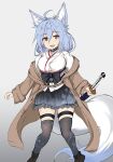  1girl alternate_costume animal_ears arms_at_sides blue_hair blue_skirt brown_coat coat daisufuumi floral_print fox_ears fox_tail gradient_background highres holding holding_sword holding_weapon japanese_clothes jewelry katana long_hair magatama magatama_necklace murasame_sukehiro_(tenka_hyakken) necklace obi_bow off_shoulder open_mouth pigeon-toed red_eyes sketch skirt smile solo sword tail tenka_hyakken thigh_strap thighhighs weapon 