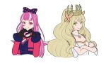  2girls black_gloves blonde_hair bow breasts celine_(fire_emblem) cleavage commentary_request crossed_arms crown dress facial_mark fire_emblem fire_emblem_engage gloves green_eyes hahm0106 hair_bow hands_up heart heart_hands hortensia_(fire_emblem) jacket korean_commentary long_hair looking_at_viewer multiple_girls official_alternate_costume pink_eyes pink_hair pink_jacket polka_dot polka_dot_bow short_sleeves simple_background smile upper_body very_long_hair white_background white_dress 