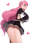  1girl aizono_manami aizono_manami_(1st_costume) black_dress black_ribbon blush breasts dress from_side gloves heart highres huge_breasts long_hair maid maid_headdress nijisanji nose parted_lips pink_hair pink_lips ribbon senju_(snz0) short_sleeves simple_background smile solo standing thick_eyebrows thighs virtual_youtuber wavy_hair white_background white_gloves white_headdress yellow_eyes 