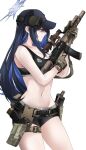  1girl assault_rifle bare_shoulders baseball_cap black_headwear black_shirt blue_archive blue_eyes blue_hair breasts camouflage cleavage geissele_urg-i gloves gun halo hat headphones highres holding holding_gun holding_weapon holster long_hair m4_carbine navel pz-15 rifle saori_(blue_archive) shirt simple_background sleeveless sleeveless_shirt solo thigh_holster thighs trigger_discipline weapon white_background 