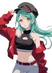  1girl adjusting_clothes adjusting_headwear aqua_hair bang_dream! bare_shoulders belt black_headwear breasts cabbie_hat cleavage cleavage_cutout clothing_cutout collarbone crop_top fries_vanquisher green_eyes hat highres hikawa_sayo jacket long_hair looking_at_viewer midriff navel open_mouth pants red_jacket simple_background solo white_background 