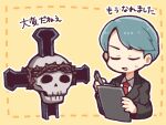  1boy aqua_hair black_jacket clipboard closed_eyes collared_shirt commentary_request cross crown_of_thorns employee_(lobotomy_corporation) hatake_shimeji holding holding_clipboard holding_pen jacket lobotomy_corporation long_sleeves necktie one_sin_and_hundreds_of_good_deeds open_mouth outline pen project_moon red_necktie shirt short_hair simple_background skull suit sweat translation_request white_outline white_shirt writing yellow_background 