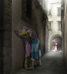  2boys against_wall alley belt brown_footwear checkered_clothes dragon_quest dragon_quest_xi greig_(dq11) hero_(dq11) highres kiss male_focus multiple_boys myukom outdoors people purple_tunic shirt town yaoi yellow_shirt 