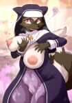  &lt;3 anthro big_breasts blush breasts female genitals hi_res holding_breast huge_breasts mammal melonleaf mephitid nipples nun nun_outfit pussy skunk solo 