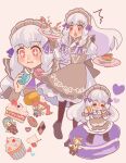  +_+ 1girl black_footwear black_pantyhose blush bow bowtie cake cherry chimney_(chimney0311) cookie cup cupcake eating fire_emblem fire_emblem:_three_houses food fork fruit heart highres hilda_valentine_goneril holding holding_plate leonie_pinelli long_hair lysithea_von_ordelia macaron maid_headdress marianne_von_edmund multiple_views pantyhose plate puffy_sleeves purple_bow purple_bowtie shoes sidelocks simple_background tea teacup white_background white_hair white_sleeves 