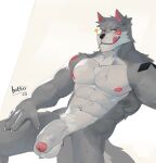  anthro balls biceps bodily_fluids canid canine canis casual_nudity flaccid foreskin fur genitals grey_body grey_fur hi_res hittoga humanoid_genitalia humanoid_hands humanoid_penis male mammal manly muscular muscular_anthro muscular_male navel nipples nude pecs penis simple_background solo solo_focus sweat wolf 