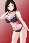  1girl black_bra black_choker black_hair black_panties blue_eyes blush bra breasts choker closed_mouth collarbone girls_und_panzer large_breasts long_hair looking_at_viewer matsui_yasutsugu navel nonna_(girls_und_panzer) panties signature simple_background solo underwear 