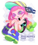  1girl arms_up blonde_hair blush boots character_name clownfish colored_skin donuttypd fish green_eyes green_hair green_skirt hands_up harmony&#039;s_clownfish_(splatoon) harmony_(splatoon) hat looking_at_viewer multicolored_hair open_mouth patterned_background pink_hair pink_skin purple_footwear saliva shirt short_sleeves sitting skirt splatoon_(series) splatoon_3 striped 