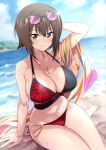  1girl barefoot beach bikini breasts brown_eyes brown_hair cloud cloudy_sky feet girls_und_panzer highres looking_at_viewer nakahira_guy nishizumi_maho red_bikini short_hair sky smile solo sweat swimsuit thighs 