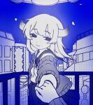  1girl blue_theme building cai_(cabbage_0j0) cardigan cardigan_partially_removed cevio city cityscape closed_mouth commentary_request debris floating_hair half-closed_eyes halftone head_tilt highres holding_hands horns isei_ni_ikou_ne_(cevio) long_hair long_sleeves looking_at_viewer monochrome neckerchief on_rooftop open_cardigan open_clothes outdoors pleated_skirt pov pov_hands railing school_uniform serafuku skirt smile solo_focus standing ufo 