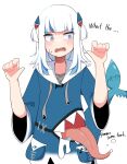  1girl absurdres blue_eyes fins fish_tail gawr_gura gawr_gura_(1st_costume) highres hololive hololive_english shark_tail sharp_teeth simple_background skkazu1 tail teeth tongue tongue_out virtual_youtuber white_background 