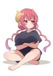  1girl :t absurdres averting_eyes barefoot black_shirt breasts crossed_arms crossed_legs dragon_girl dragon_horns feet full_body highres horns huge_breasts ilulu_(maidragon) kicchi_(tmgk) kobayashi-san_chi_no_maidragon long_hair multicolored_hair pink_hair pointy_ears pout red_eyes red_hair shirt simple_background sitting slit_pupils solo twintails white_background 