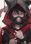  1girl animal_ears animal_hood black_hair black_shirt chain collarbone commentary cuffs english_commentary fake_animal_ears fangs grey_background hair_between_eyes hands_up highres hood hood_up looking_at_viewer marumoru muzzle open_mouth original puffy_short_sleeves puffy_sleeves red_eyes shirt short_sleeves simple_background solo upper_body 